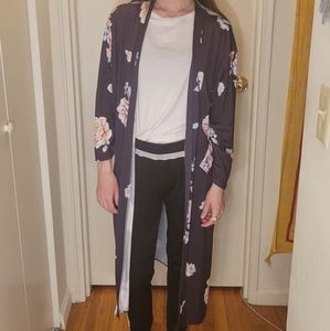 Long Kimono Robe Long Sleeve Navy Blue Floral  2x Large